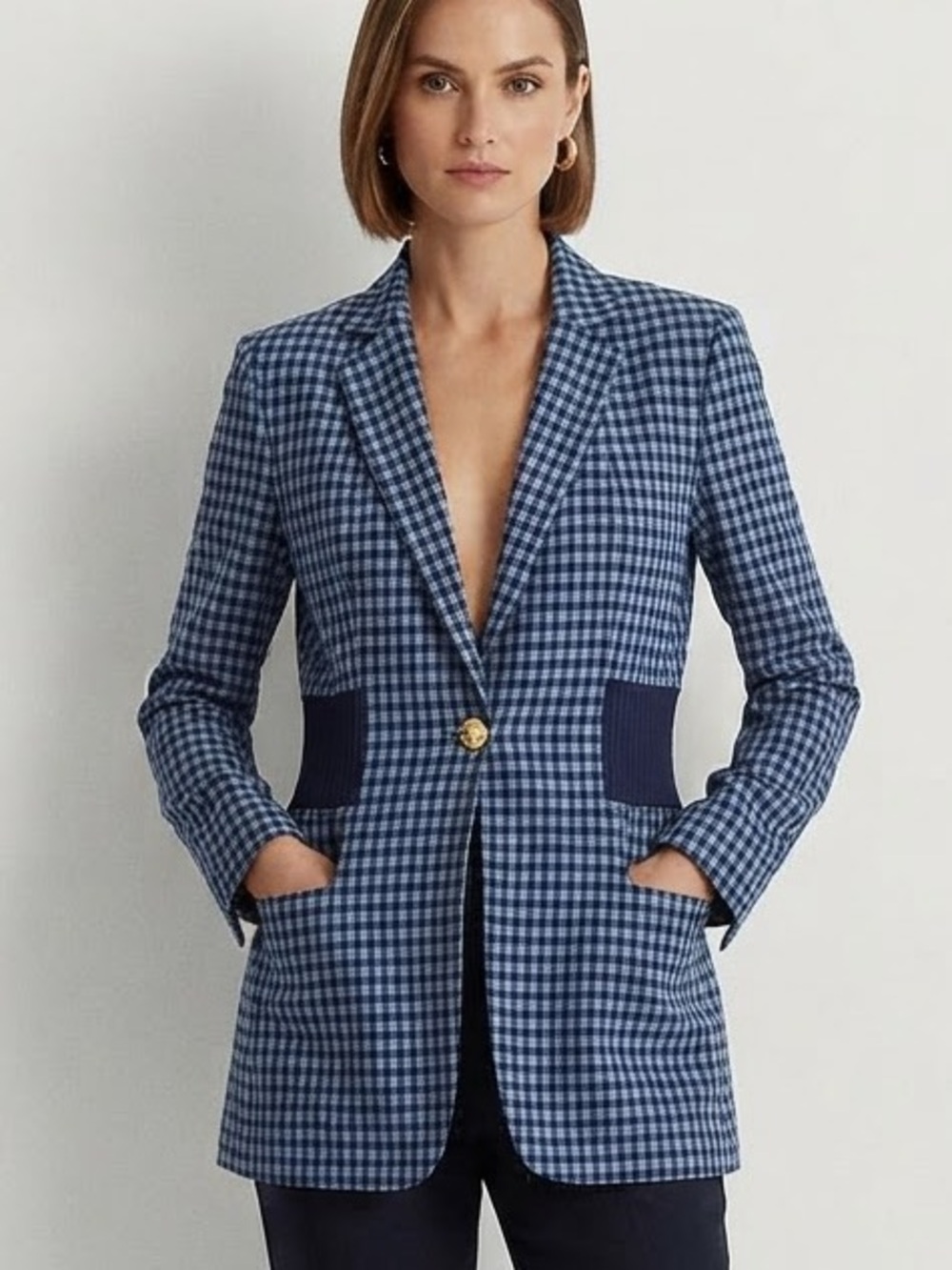 Cabi Checkup Blazer Navy Lt. Blue Gingham Plaid Gold Button Longline Size Large